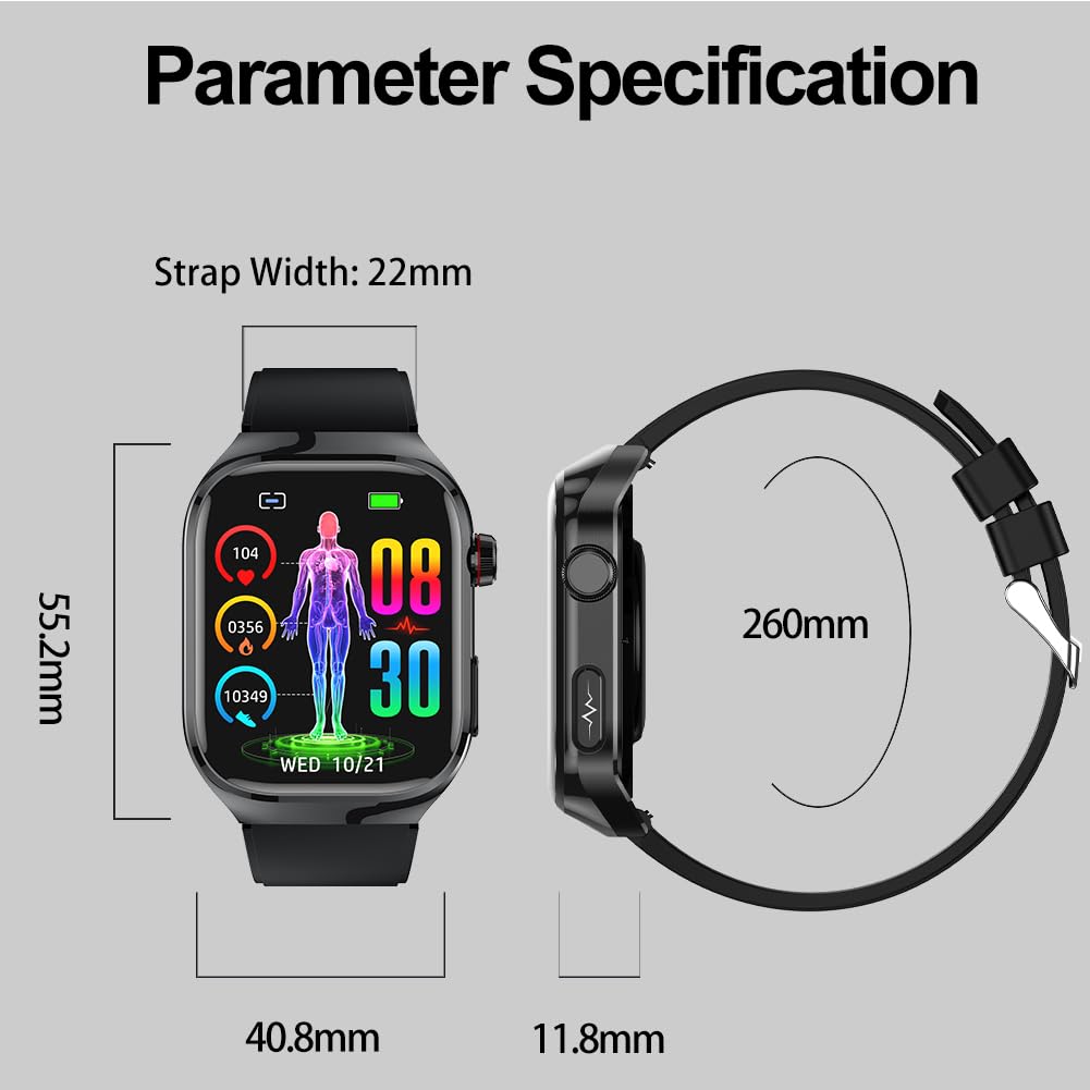 Reloj Inteligente ECG y Marcación/Contestar Llamadas, 2,04" Smartwatch Impermeable con Presión Arterial, SpO2, Frecuencia Cardíaca para Android iOS (Metal Negro) | Monitor de actividad impermeable con presión arterial PPG, reloj deportivo con SOS para And