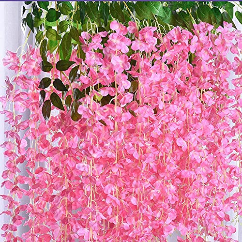 SZJH 12pcs 3.6 Feet/Piece Artificial Fake Wisteria Vine Ratta Hanging Garland Silk Flowers String Home Party Wedding Decor (Pink) - Image 3