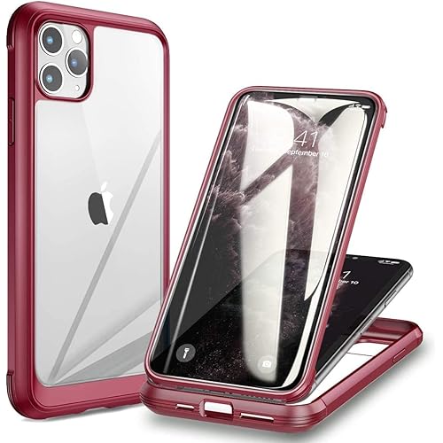 Diaclara Compatible with iPhone 11 Pro Max Case (6.5") with Built-in Tempered Glass Screen Protector [9H Hardness] [Heavy Duty Drop Protection] Full Body Cover Rugged Clear Bumper Case (Wine Red)