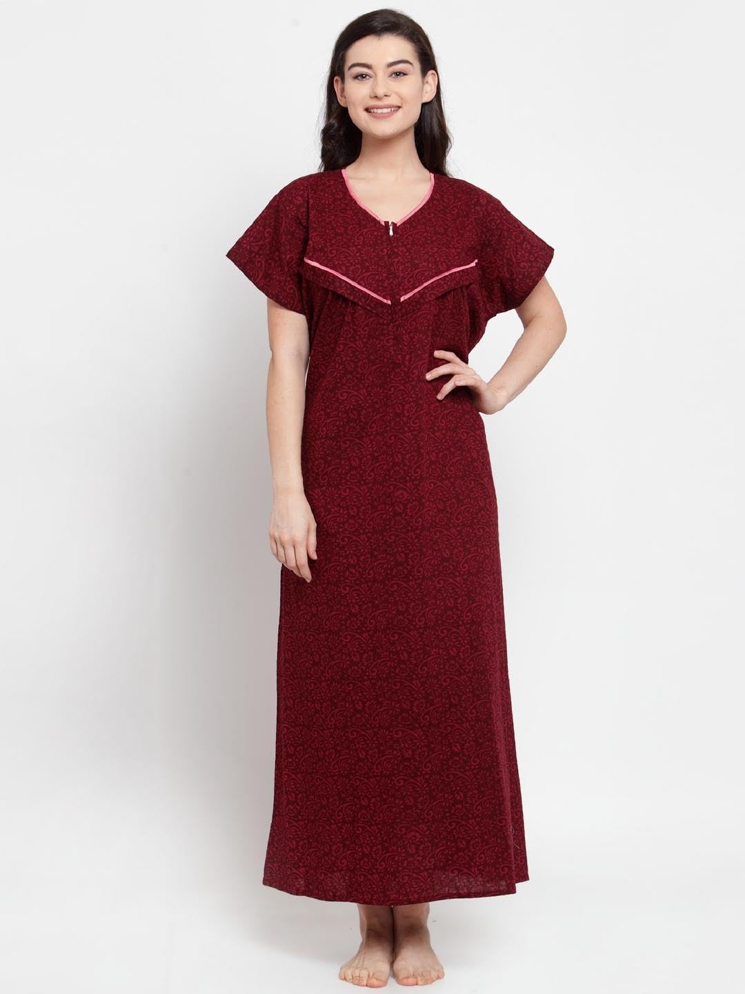 Maroon Cotton Printed Maternity Nighty (Free Size) BZ_NT-E228-876-image-3