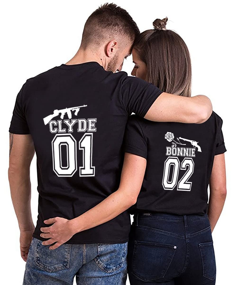 WASJMCSS Couple Shirt Matching Clyde&Bonnie for Husband and Wife Gift Wedding, Anniversary, Newlywed (Pack of One Piece) Clyde1-Black-XS