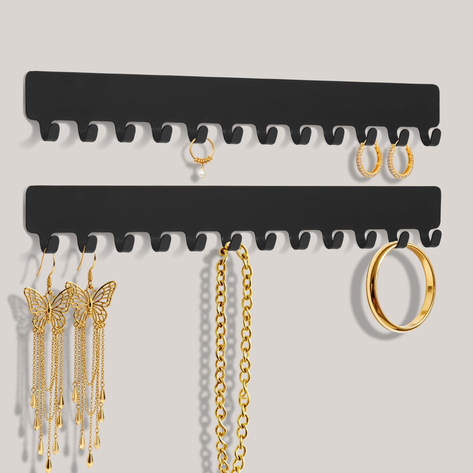 HOTUT 2PCS Organizador De Joyas Para Colgar En La Pared,Metal Soporte De Joyas Con 12 Ganchos,Soporte Para Cadenas De Joyas y Colgadores Con Autoadhesivo Para Pendientes Pulseras Collares,Negro
