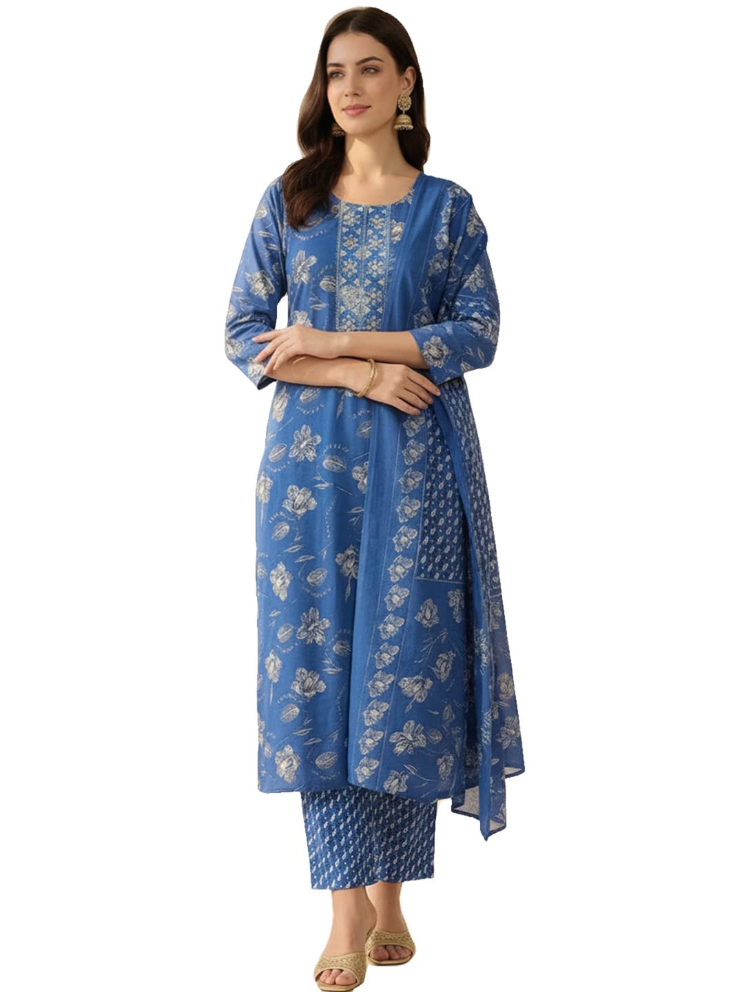 Women's Cotton Blend Floral Printed Straight Calf Length Kurta with Pant & Dupatta Set (RRAI12107)-image-27