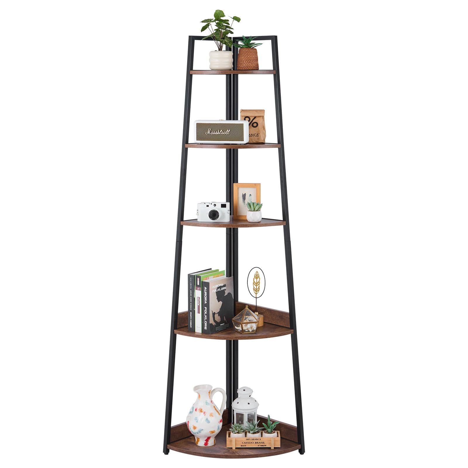 VEVOR 5 Tier Corner Shelf, Tall Corner Bookshelf Plant Rack, Wall Shelves Tower Storage Organizer with Metal Frame & Wooden Shelves, Narrow Display