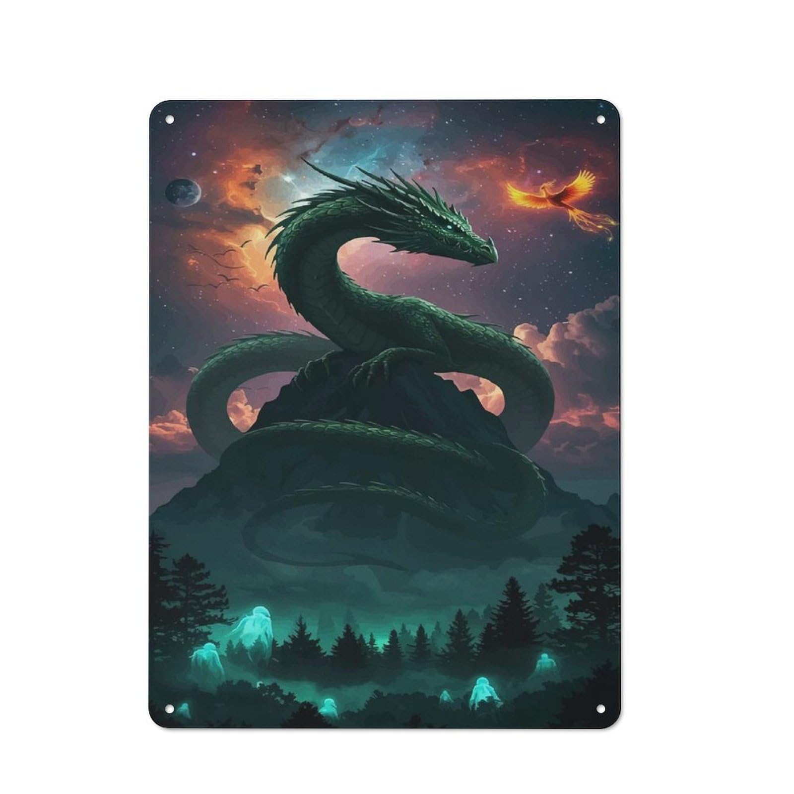 Vintage Dragon And Phoenix Fantasy Landscape Tin Sign 40x30cm, Shed Wall Plaque for Garage, Workshop, Shed Or Utility Room