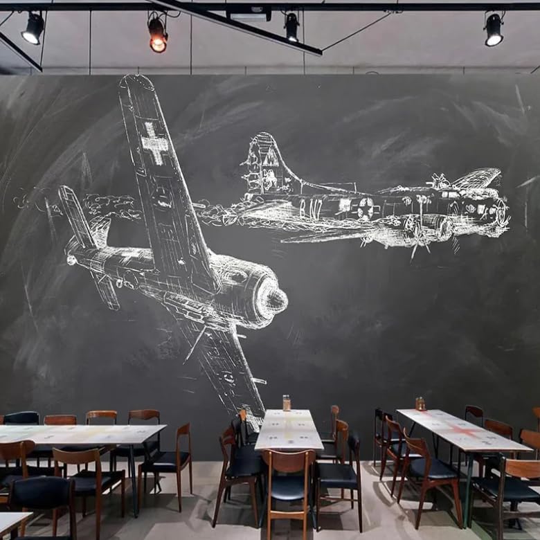Papier peint photo tableau noir avion effet 3D panoramique