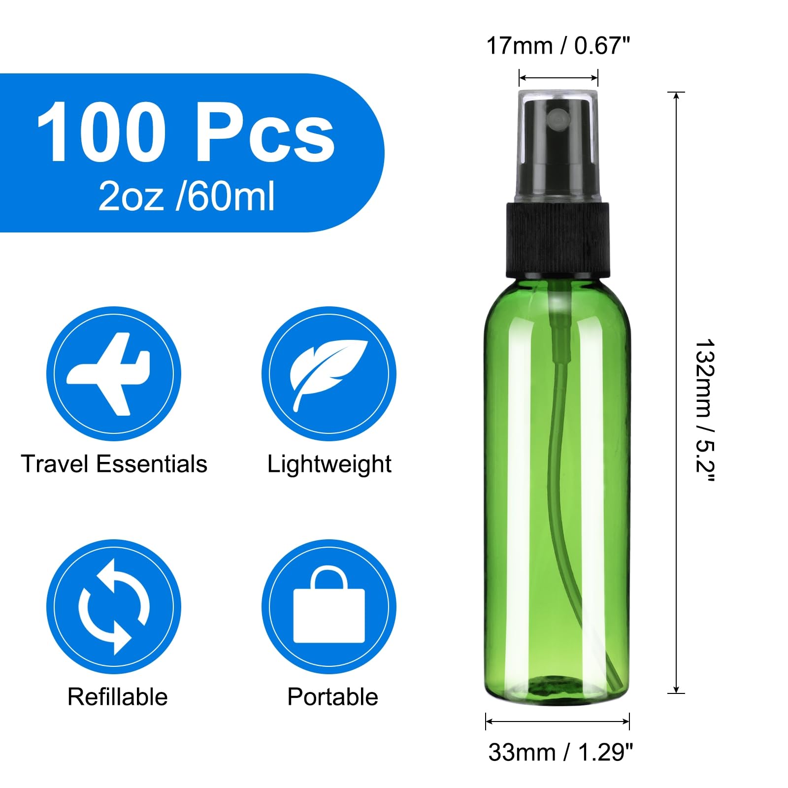 QUARKZMAN Zestaw 100 butelek z rozpylaczem, 60 ml, wielokrotnego użytku, przezroczysta pusta mgła, plastikowa, zestaw małych butelek podróżnych, do wielokrotnego napełniania, do użytku domowego