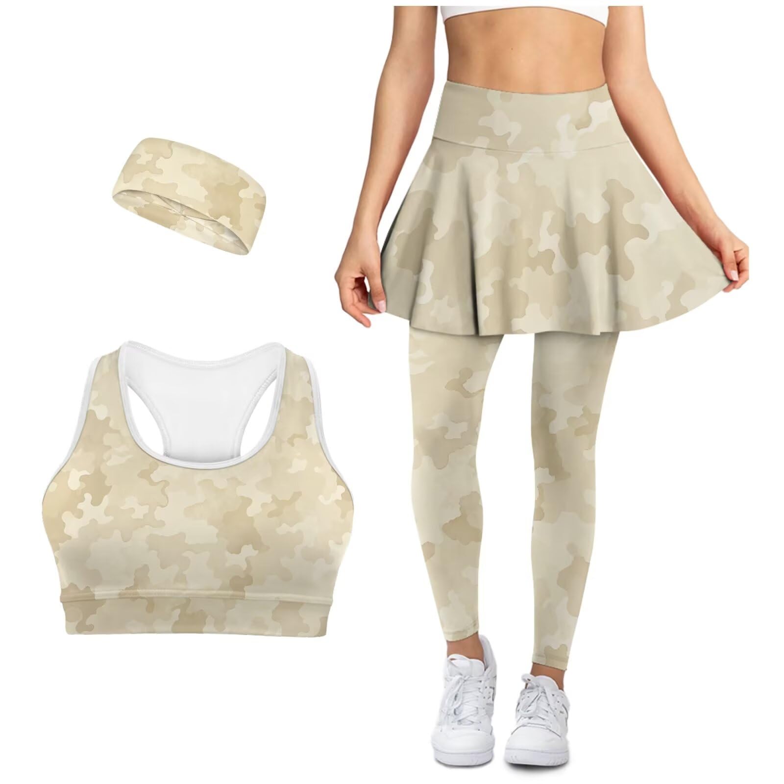 Workout Sets for Women Exercise Gym Yoga Outfit High Waist Golf Skirt with Leggings Sports Bras for Tennis