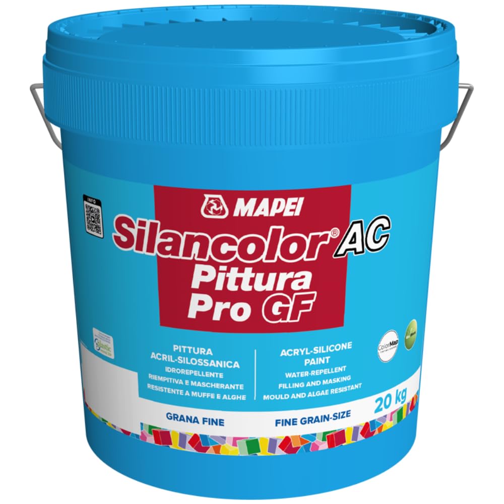 MAPEI Silancolor AC PRO GF, Pittura Acril-silossanica Idrorepellente per Interni ed Esterni, Resistente a Muffe e Alghe, Bianco (20 Kg)