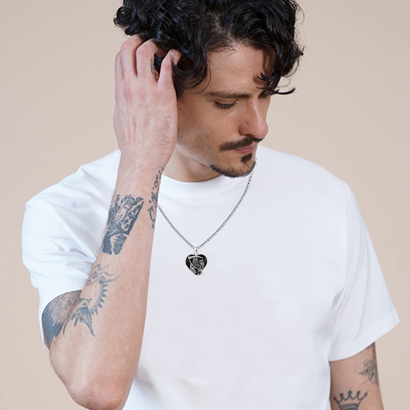 Reaper - Collar de plata de ley 925, diseño de búho y Santa Muerte con cristales negros, collar de Halloween, joyas de Halloween, regalo para mujeres y hombres, 22 + 2 pulgadas, 18 * 18 mm, Plata