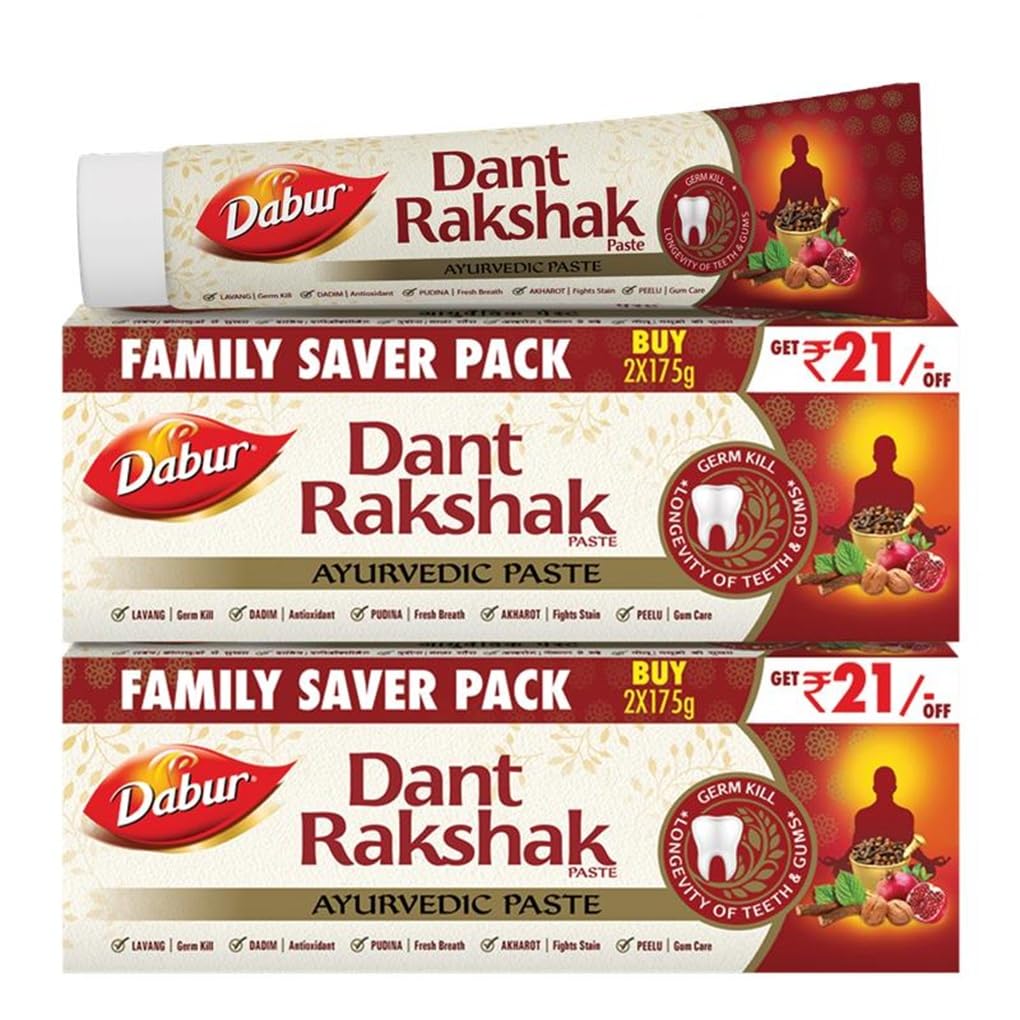 Dabur Dant Rakshak Ayurvedic Toothpaste - 700g (175g x 4) | With Goodness Of 32 Ayurvedic Herbs | Prevents & Calms Gum Pain | Kills Germs | Complete Family Toothpaste | No Added Fluorides & Parabens