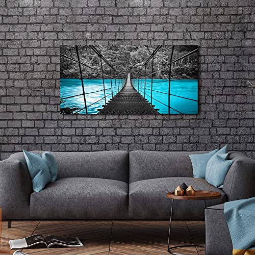 The Stream Design Bridge Canvas Wall Art Bedroom: Modern Living Room Blue Water Scene Picture Relaxing Large Home Black Forest Print Painting 48X24 Horizontal Nature Landscape Artwork #TOP2