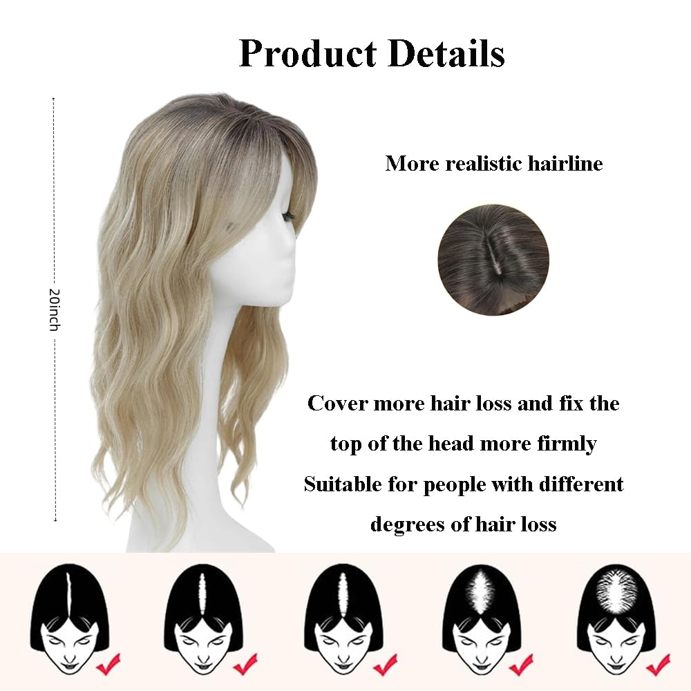 20-Inch Wavy Synthetic Hair Topper with Natural Hairline, Large 7"x7" Base for Thinning Hair - Handmade hair pieces - Image 4