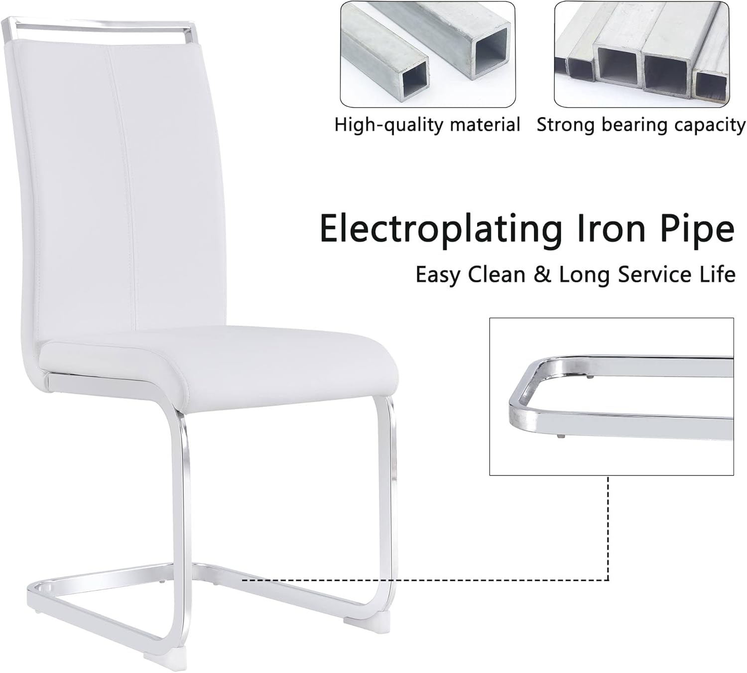 JUFU Modern Dining Chairs Set of 4, White Cantilever Chair Armless Metal FrameSide Chairs with PU Leather Seat and Metal Legs High Back for Dining Room, Kitchen, Living Room, Office