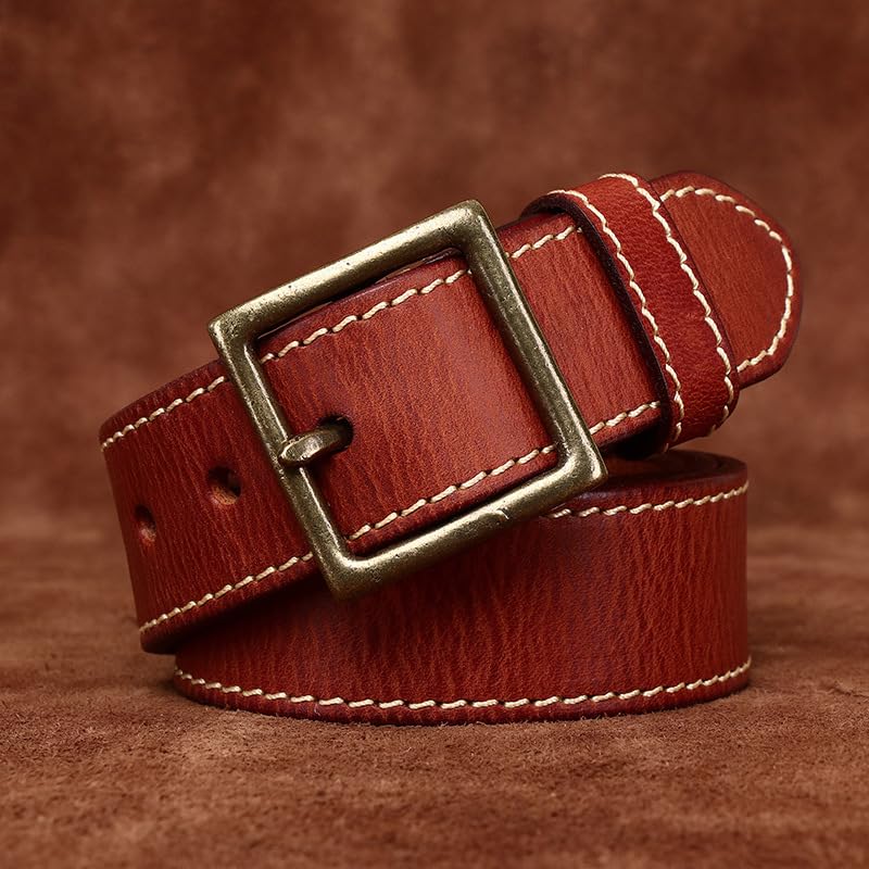 42mm Large Wide Top-Grain Leather Stitched Belt for Men Women,Trendy Casual Washed Vintage Strap with Gold Square Buckle(115cm/45, Reddish Brown)4