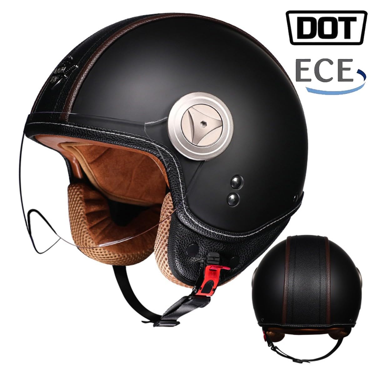 Casco Vintage per Scooter - Accessorio Moda Stile Anni 60, Casco Jet in Pelle con Visiera per Uomo e Donna, Omologato ECE