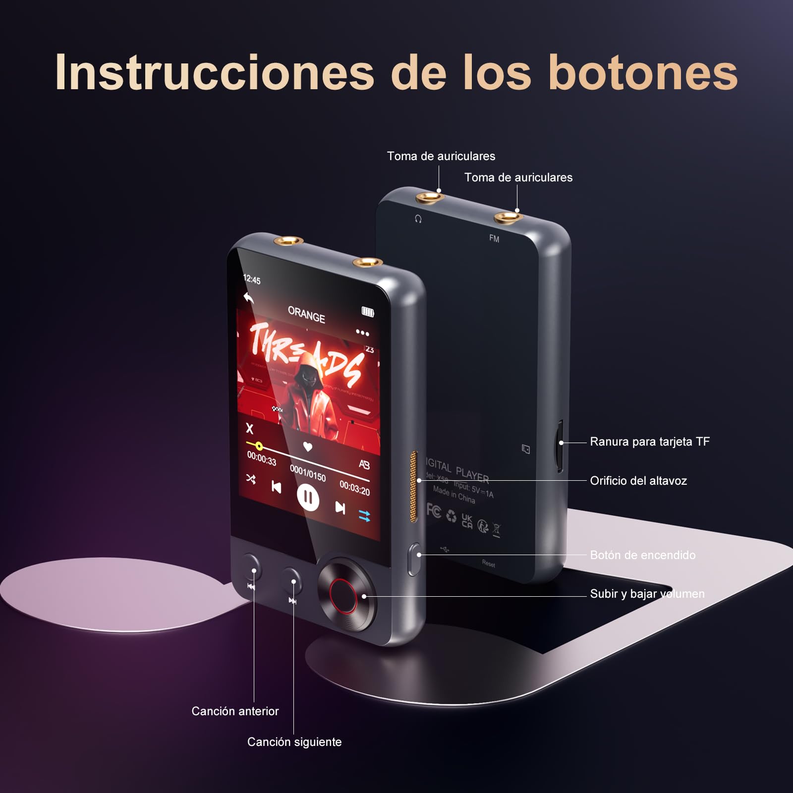 Reproductor MP3 de 128GB con Bluetooth 5.3, Reproductor de Música Portátil con 2,4'' con Altavoz, Reproductor MP3 con Radio FM, Grabación de Voz, Auriculares (Negro)