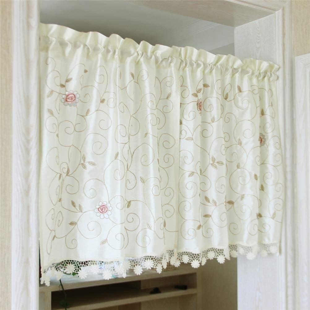 Short Curtain，Semi Sheer Cafe Curtain, Embroidery Window Valance Rod Pocket Short Tier Curtains Half Window Treatment for Kitchen Bathroom Window Curtain/Beige/W * H 74 * 90Cm