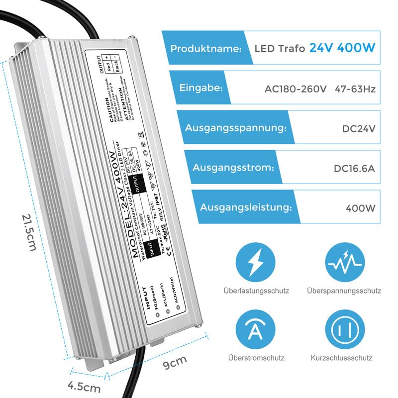 Trasformatore LED 24 V 400 W IP67, trasformatore impermeabile per esterni, con spina, alimentatore di rete, driver da 230 V a DC 24 Volt, adattatore LED Driver esterno per luci LED