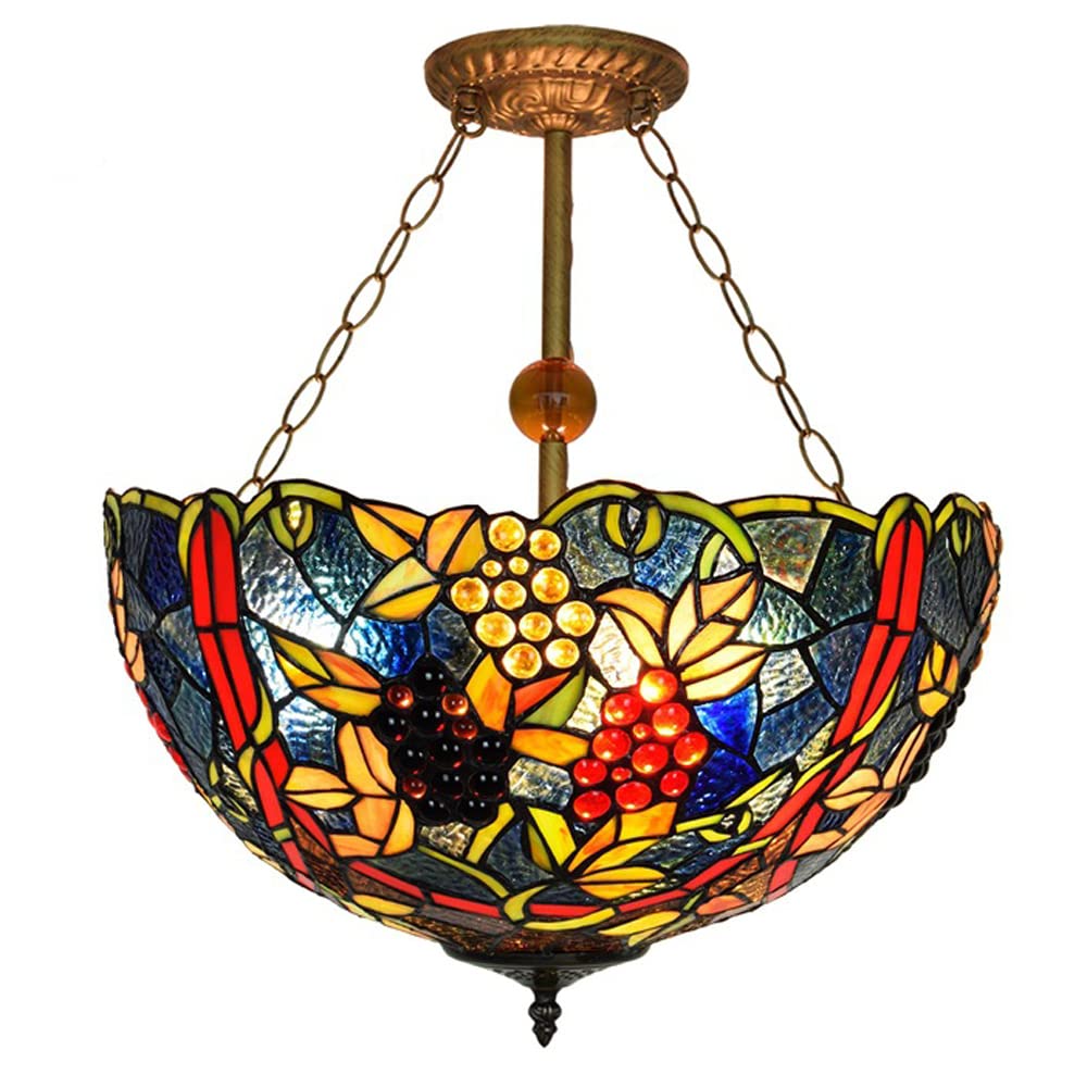 FYZDLAOR Vintage Grape Pattern Tiffanystyle Inverted Pendant Lights Chandelier 18 Inches Wide 3 Light Fixture for Dining Living Room Bedroom Foyer Entryway