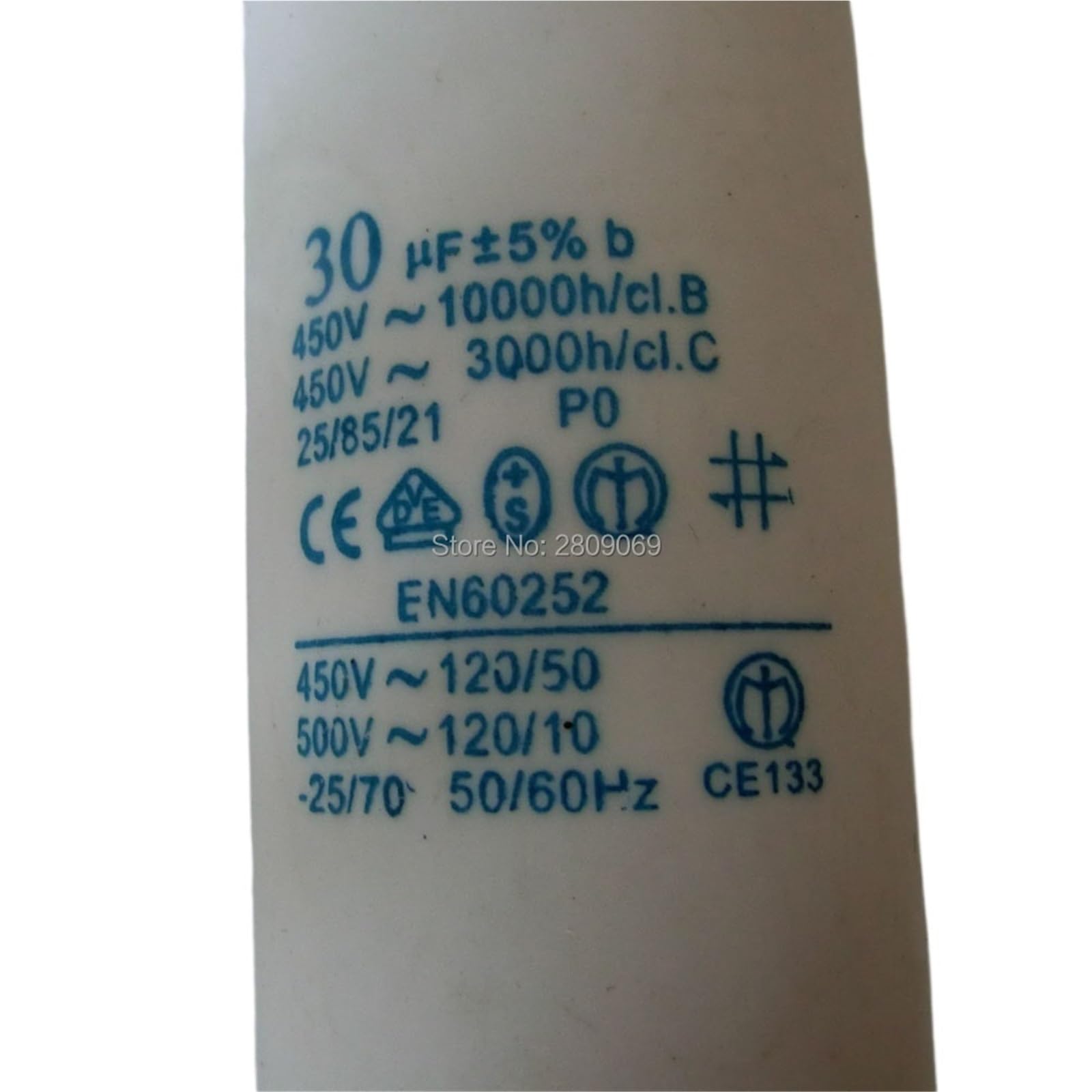 Condensatore cilindrico da 30uf,450V,AC50/60Hz,10/70/21,Due Fili.