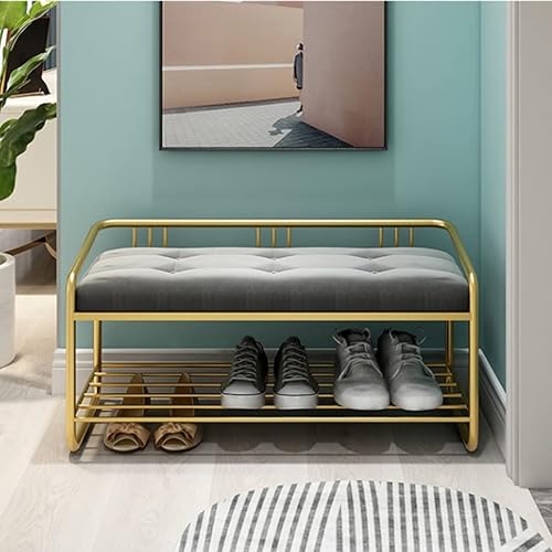 Miniatura 9 de Banco de zapatos de 2 niveles con marco de metal, banco de almacenamiento de zapatos para entrada, pasillo, sala de estar (color azul, tamaño 31.5 x