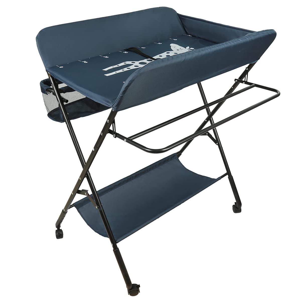 RELOVE Table à Langer Pliante avec Panier de Rangement à Côté Structure en Fer Charge Max 25KG pour Nouveaux-Nés Design Ergonomique, Table à Langer Pliable et Portable - 80 * 66 * 98cm (Bleu Foncé)
