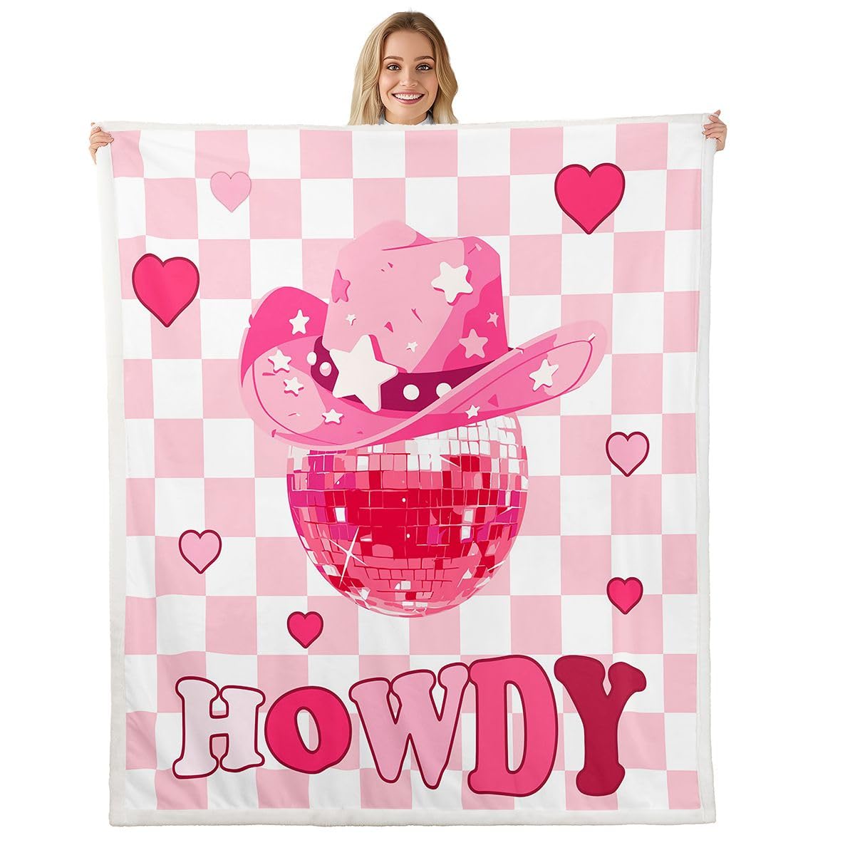 Feelyou Pink Sherpa Blanket Kids Cow Hat Print Fleece Throw Blanket Buffalo Check Plush for Room Decor Pink Fuzzy Throw 50"x60"