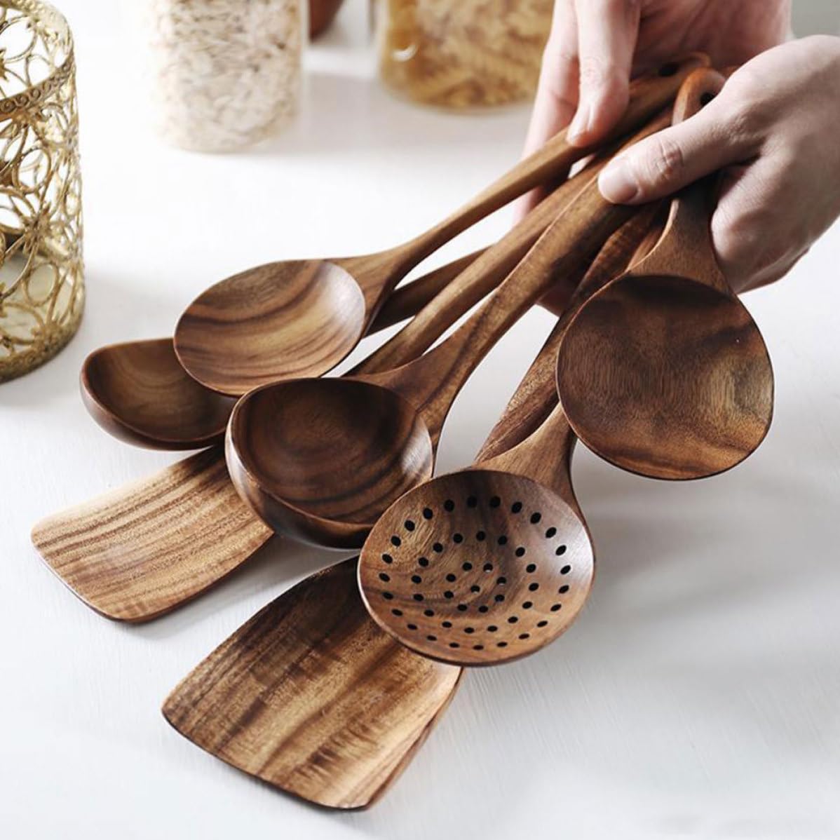 Set di Cucchiai in Legno per Cucina con Manico Comodo, Utensili Pratici ed Eleganti, per Servire e Preparare Piatti con Design Minimalista