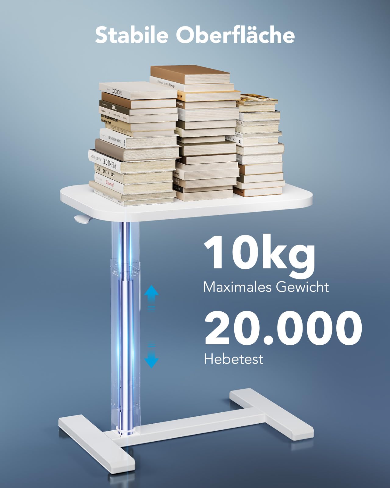 HUANUO Beistelltisch mit Rollen,Höhenverstellbarer Beistelltisch mit 70 x 40 cm große Tischplatte,Mobiler pneumatischer Kleiner Laptoptisch mit Becherhalter für Homeoffice, weiß