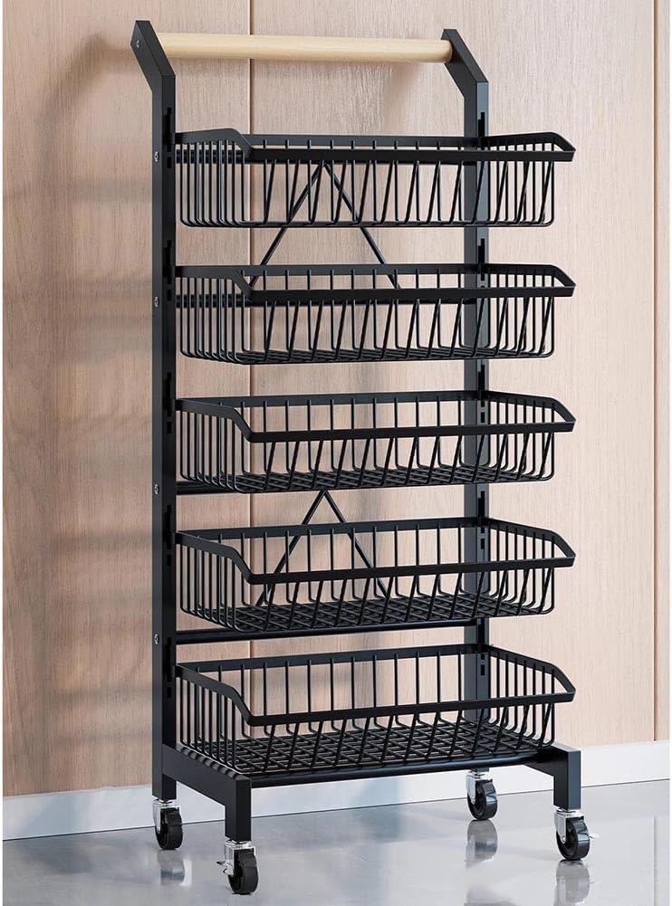Adjustable Kitchen Cart on Wheels with Solid Wood Handle, Removable Fruit Baskets, 360° Modular Design for Fruits & Vegetables - Black 41x35