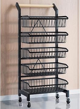 zktoermn Kitchen Trolley On Wheels, Adjustable Vegetable Fruit Rack Rolling Pantry Utility Kitchen Cart with Solid Wood Handle Detachable Fruit Baskets 360MovableBlack,41x35x105cm