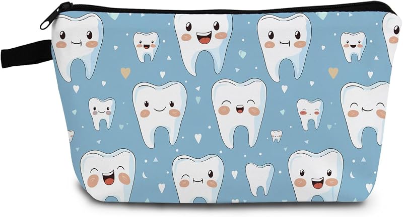 Necessaire de maquiagem YULUENZE com estampa de dente de desenho, zíper metálico, hzt0207