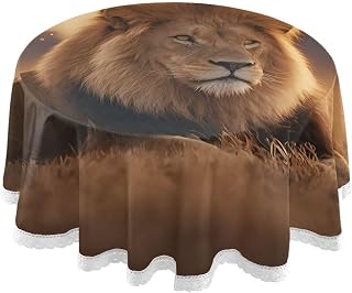 ALAZA Lion Portrait Animal Round Tablecloth Lace Table Cloth Washable Polyester Table Cover for Home Kitchen Dinning Birthday Party Wedding Room Tabletop Decor, 60 Inch