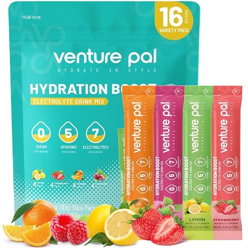 Venture Pal Sugar Free Electrolytes Powder Packets – Liquid Daily IV Hydration Packets | Instantly Hydrating & Party Recovery | 5 Vitamins & 7 Electrolytes | Certified Vegan, Keto, Non-GMO | 16 Sticks