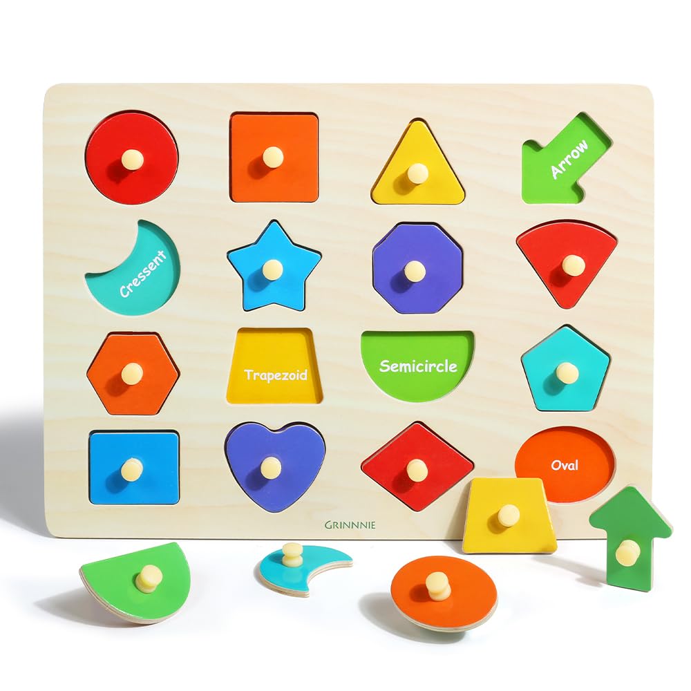 GRINNNIE Toddler Shape Puzzle for 1 2 3 Years Old Boys and Girls, Montessori Wooden Learning Toys Shape Sorting Peg Puzzle for Toddlers 1-3, Gifts for Birthday Christmas