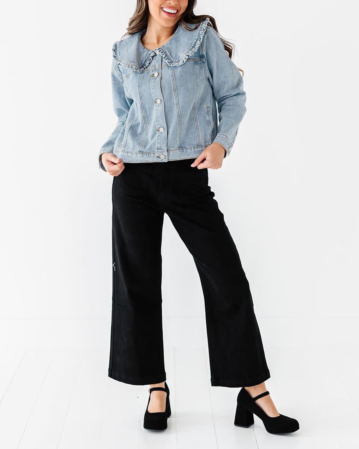 Kedera Women's Jean Jacket Cropped Denim Jacket Long Sleeve Peter Pan Collar Button Down Jean Shirt Crop Top - Image 6