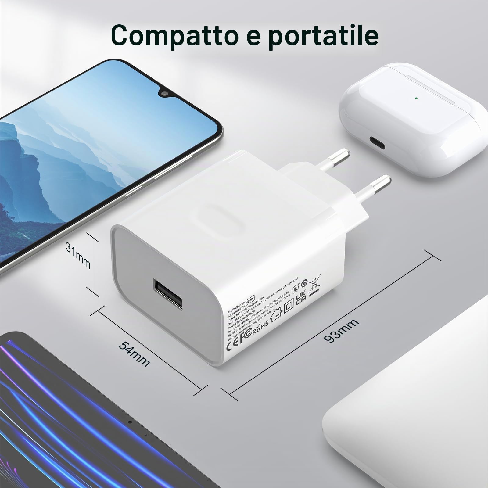 100W Caricabatterie USB C per Oppo Find X9 X8 X8 Pro X7 X7 Ultra X6 X5 X3 X2 Reno 15 14 13 12 11 10 9 Compatibile con OnePlus SuperVooc Ricarica rapida con cavo di ricarica USB-C da 8 A (1 m)