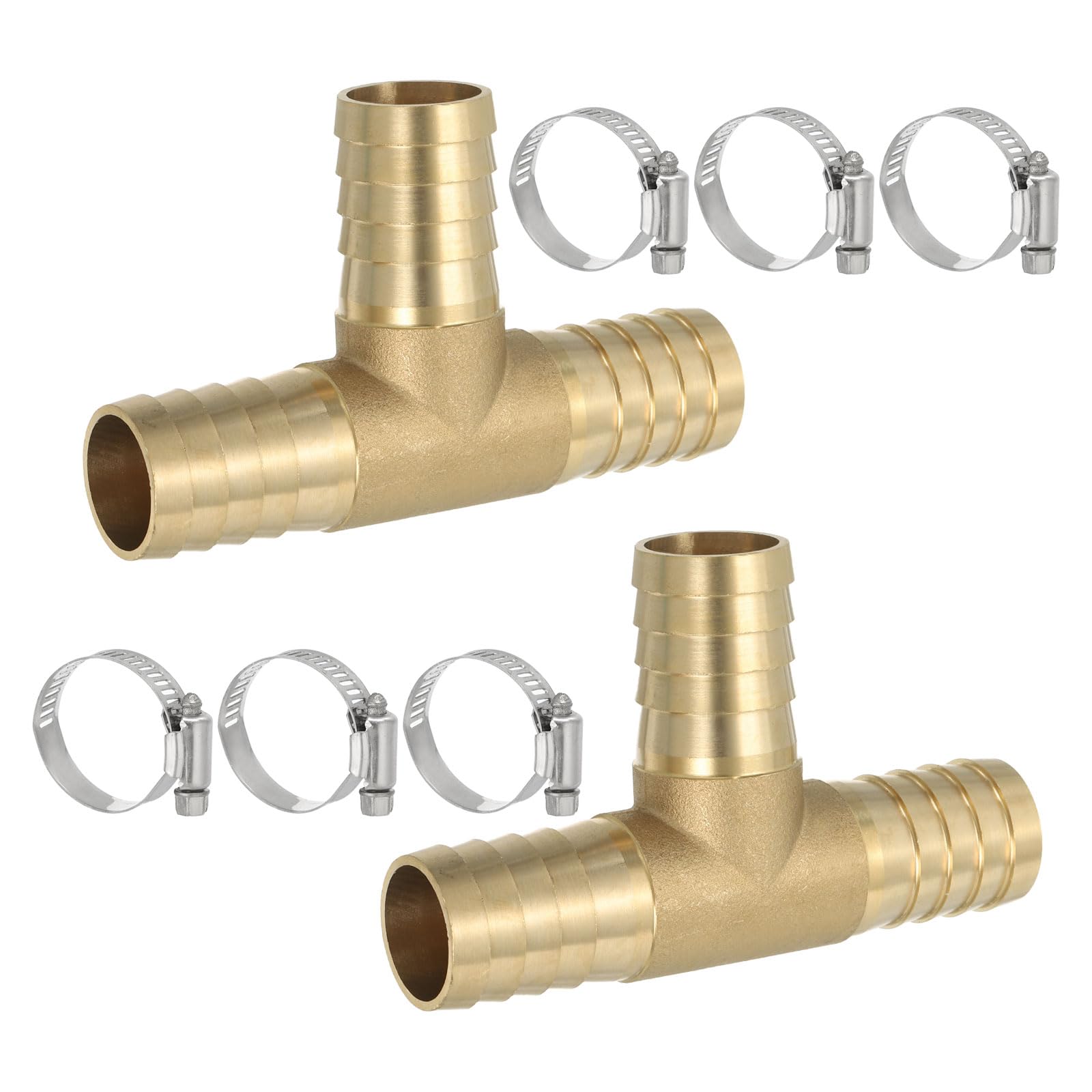PATIKIL 2 Pcs 1" Raccord en T en Laiton pour Tuyau 3 Voies Union Doré | Intersection T Forme, Barbelé Divisé, Avec Colliers, Pour Air Eau Carburant Gaz Liquide