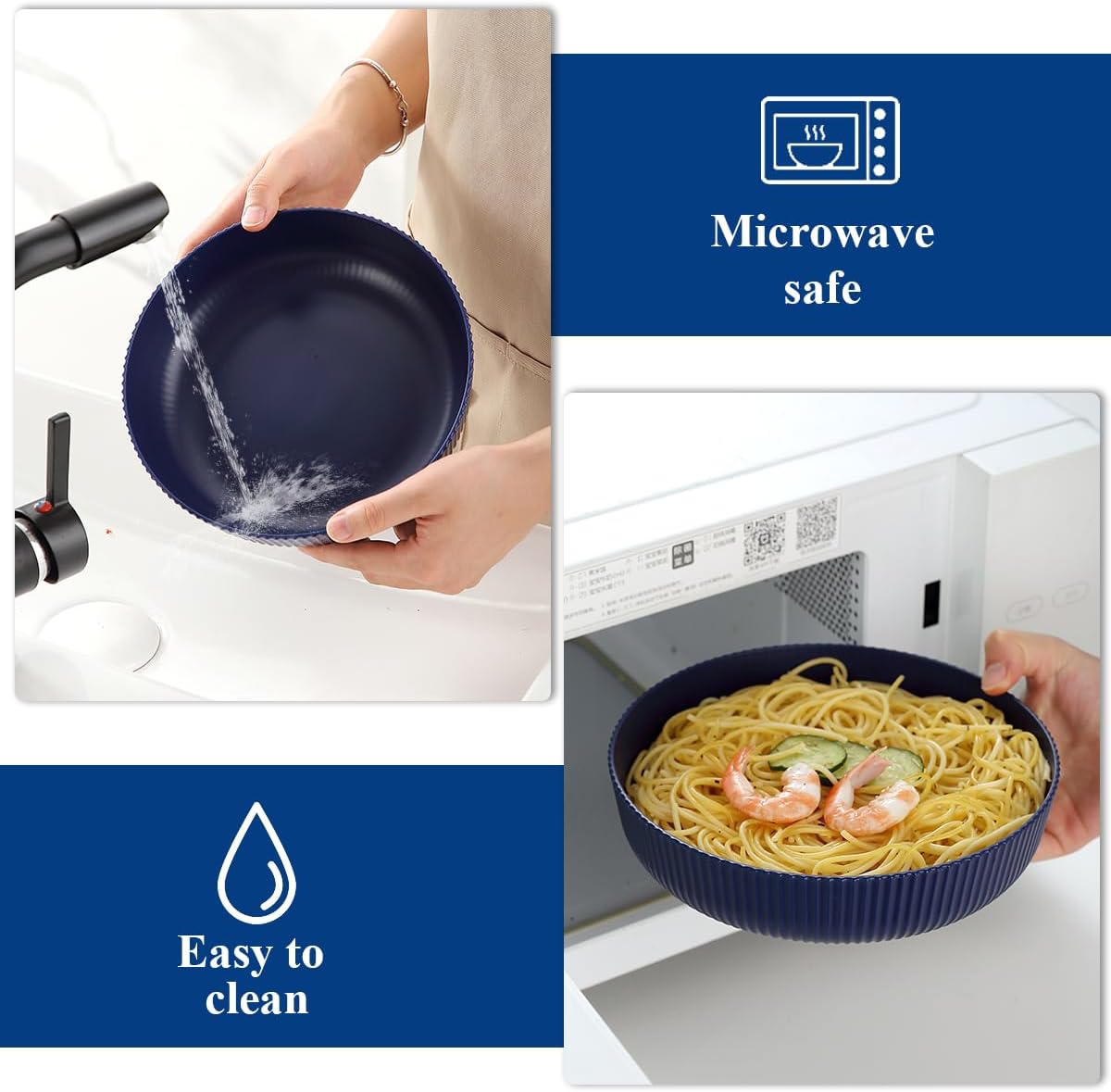 HOMQUEN Pasta Bowls Set of 6, 37oz Salad Bowls Blue Soup Bowls, Large Pasta Serving Bowls, Unbreakable Plastic Dinner Bowls, Dinnerware Sets,Valentines Day Gift, Dishwasher Safe (Blue) - Image 7