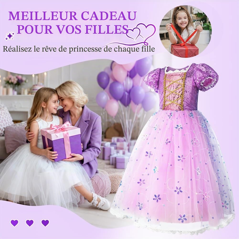 AOOWU 7 Pièces Enfant de Princesse, Costume Princesse avec Princess Wig,Crown,Wand,Necklace, Earrings and Sleeves, Violet Couronne Tulle Maxi Costume Carnaval Enfant pour Halloween Noël Cosplay