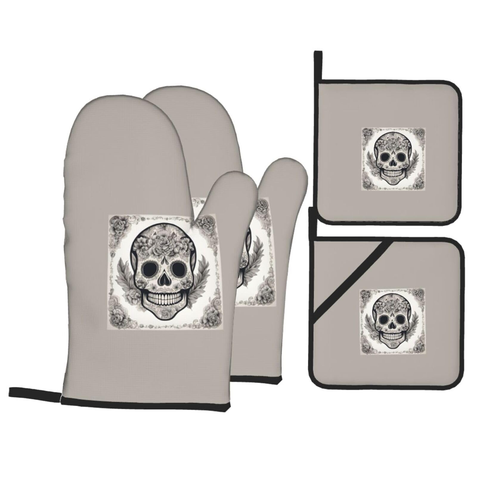 Mexican Skull Print 4-Piece Oven Microwaving Set Waterproof Kitchen Gloves for Baking Grilling Cooking