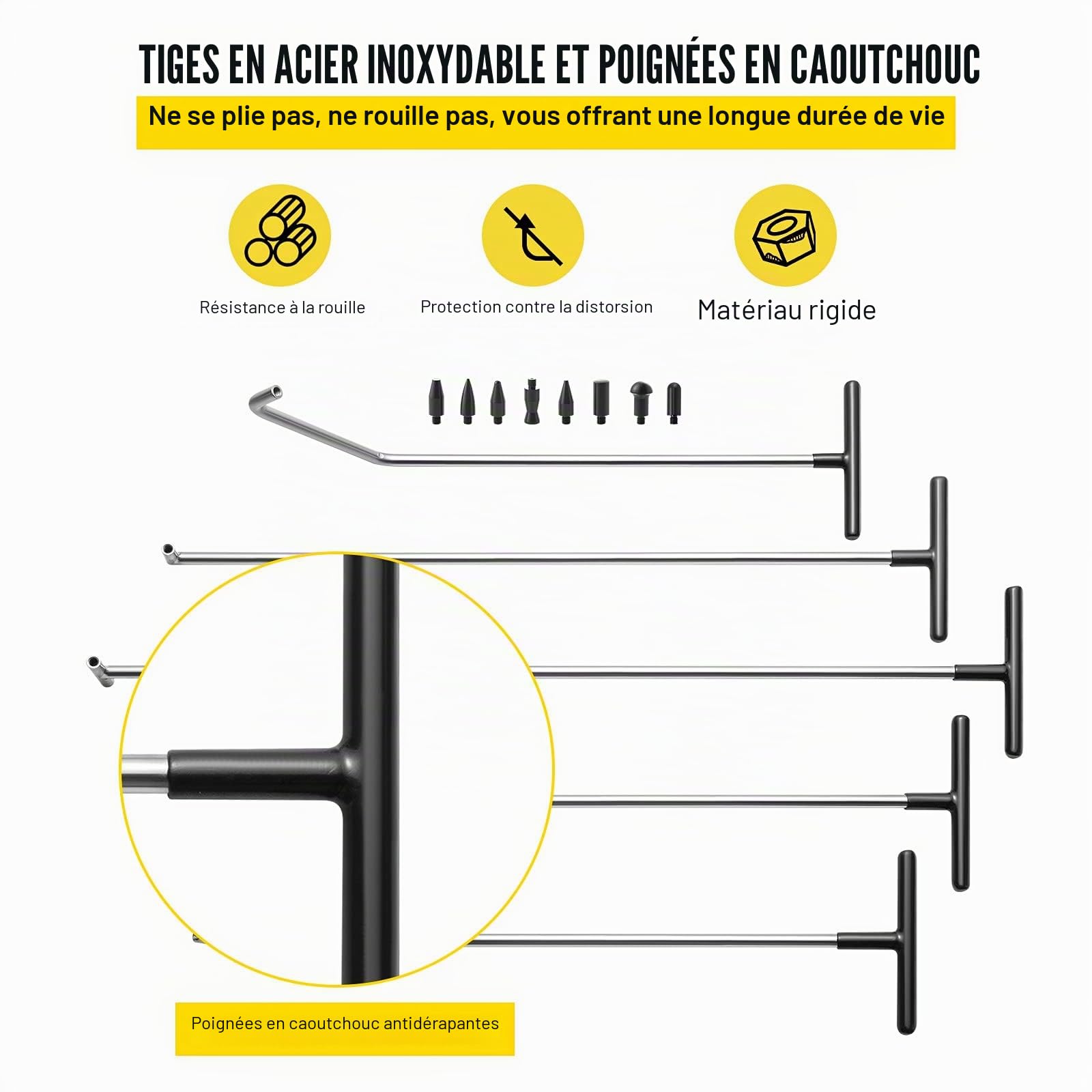 VEVOR Kit de débosselage de tiges - 13 Outils de réparation sans Peinture - 5 tiges de Bosses en Acier Inoxydable - 8 têtes de taraudage - Outil Professionnel de débosselage pour Bosses mineures,