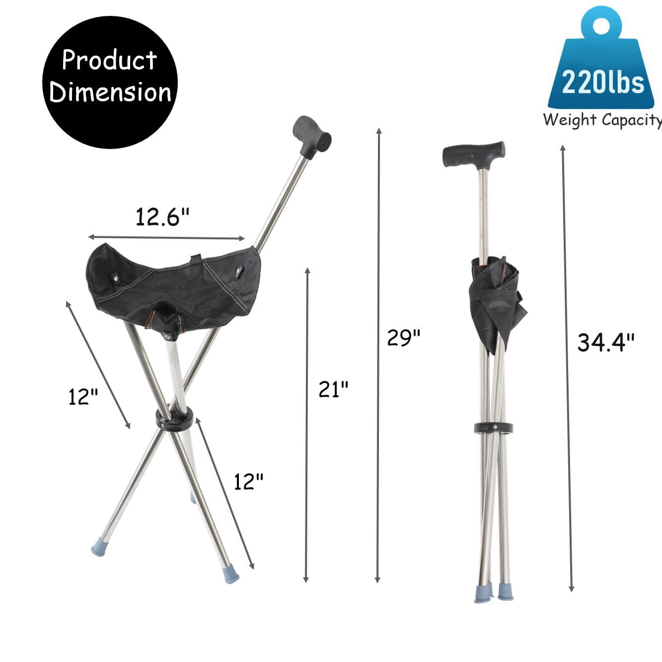 Taburetes de viaje ligeros para adultos, sillas de bastón plegables para adultos, asiento de bastón, asiento plegable de 250 libras para camping y senderismo, color negro