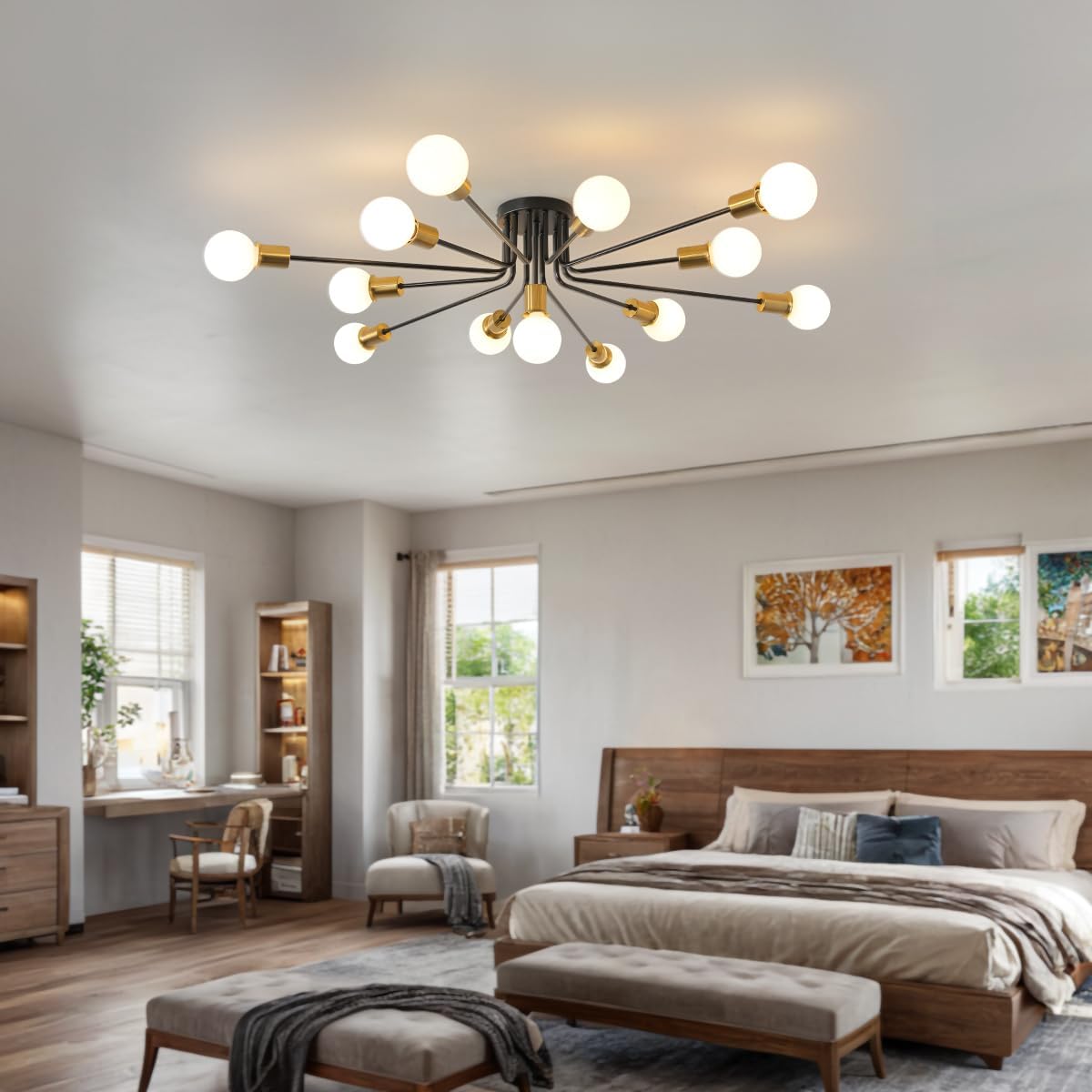 Black and Gold Oversized Semi Flush Mount Ceiling Light Fixture 13-Lights Modern Large Sputnik Chandelier for Office Living Room Bedroom Dining Room Kitchen