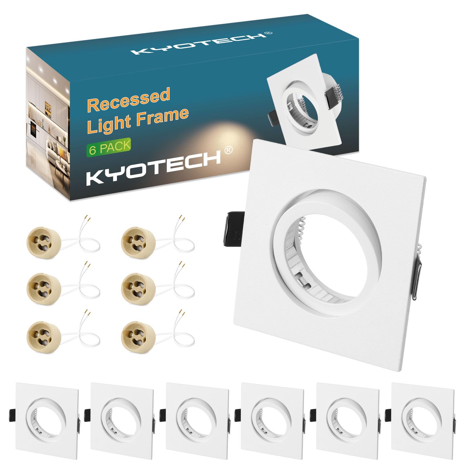 KYOTECH Juego de 6 focos empotrables con marco GU10, color blanco, orientable, cuadrado, incluye portalámparas GU10 para bombillas halógenas, módulo LED MR16
