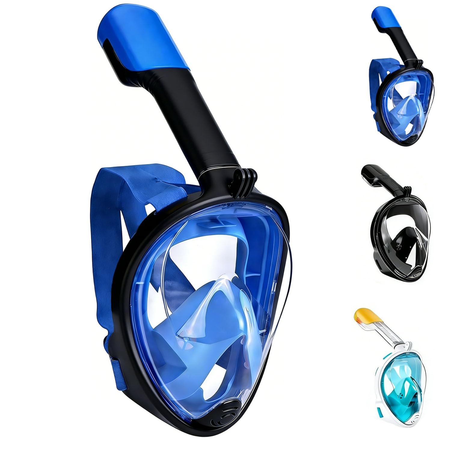 Snorkel Mask Full Face, 180°view Snorkeling Gear with Panoramic Design- Sports Camera Compatible, Diving Mask with Anti-fog and Anti-leak Technology for Adults and Kids (1, Blue, L-XL)