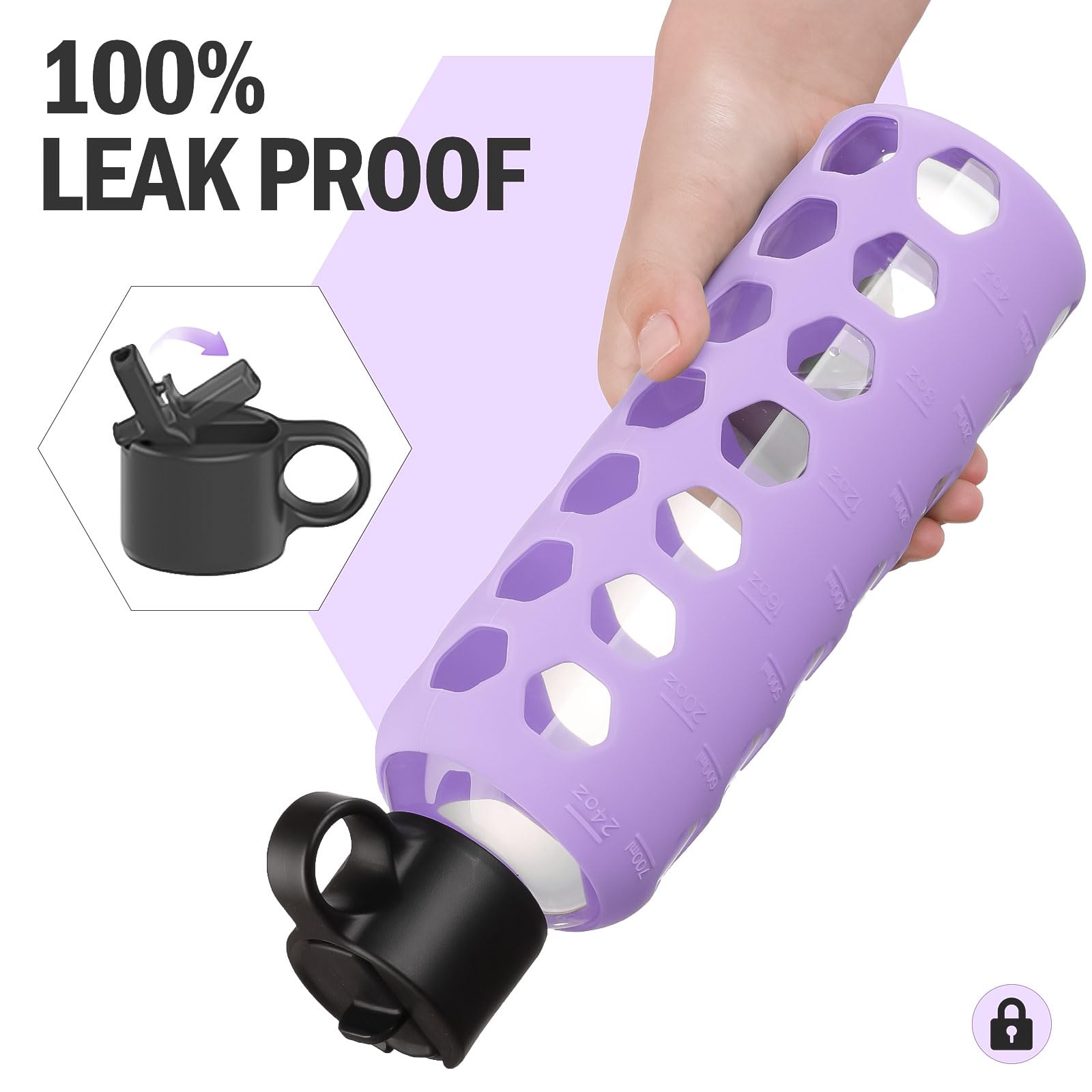 BLUEGO Borracce in vetro, 700ml Bicchiere in vetro, Bottiglie per bere con 2 coperchi, Bottiglia per l'acqua sportiva con custodia in silicone, A prova di perdite, Viola