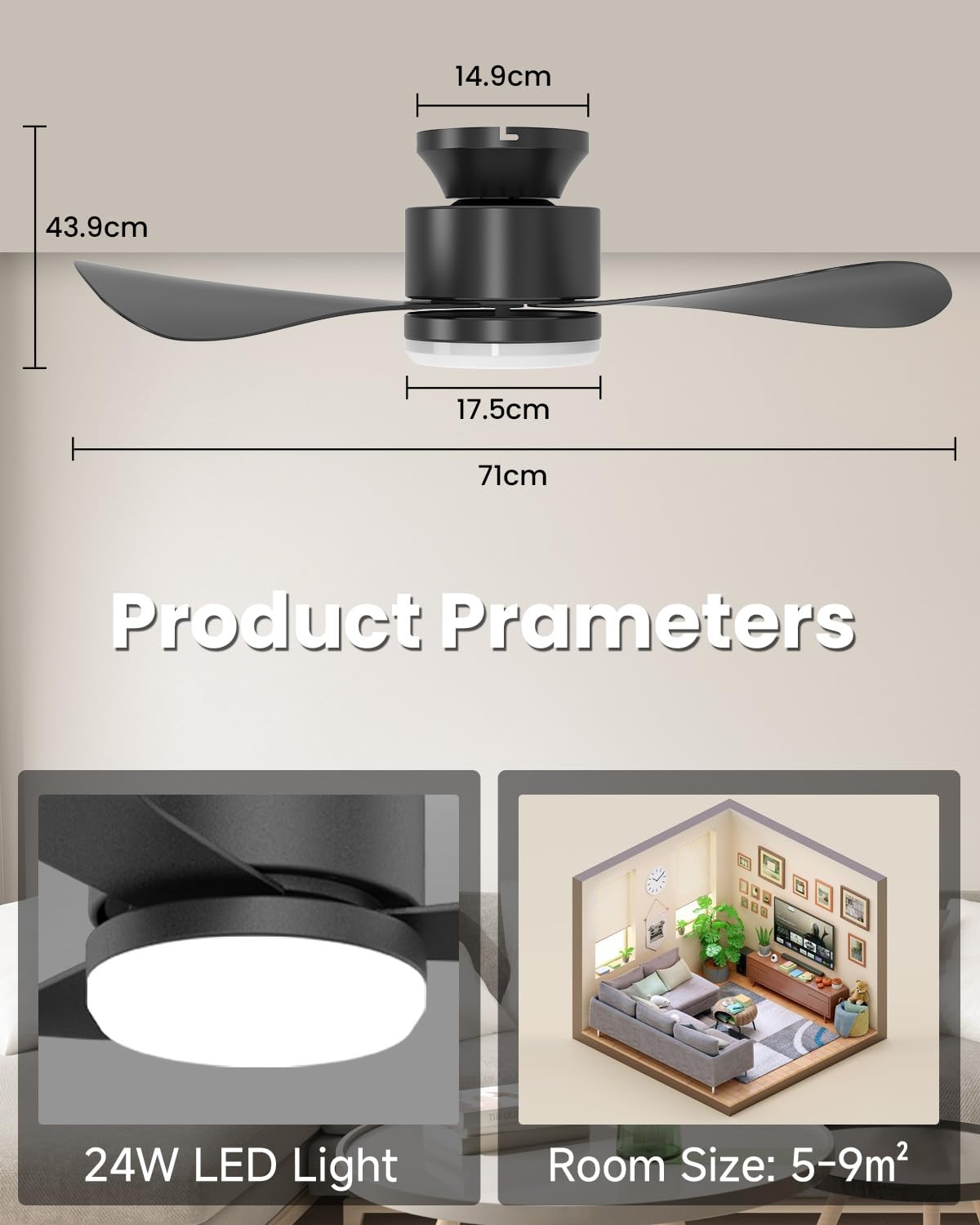 Airwit 71cm Deckenventilator mit Beleuchtung Leise, Klein Deckenventilator mit Licht und Fernbedienung, LED Deckenleuchte mit Ventilator für Schlafzimmer Wohnzimmer Küche, Umkehrbarer DC Motor