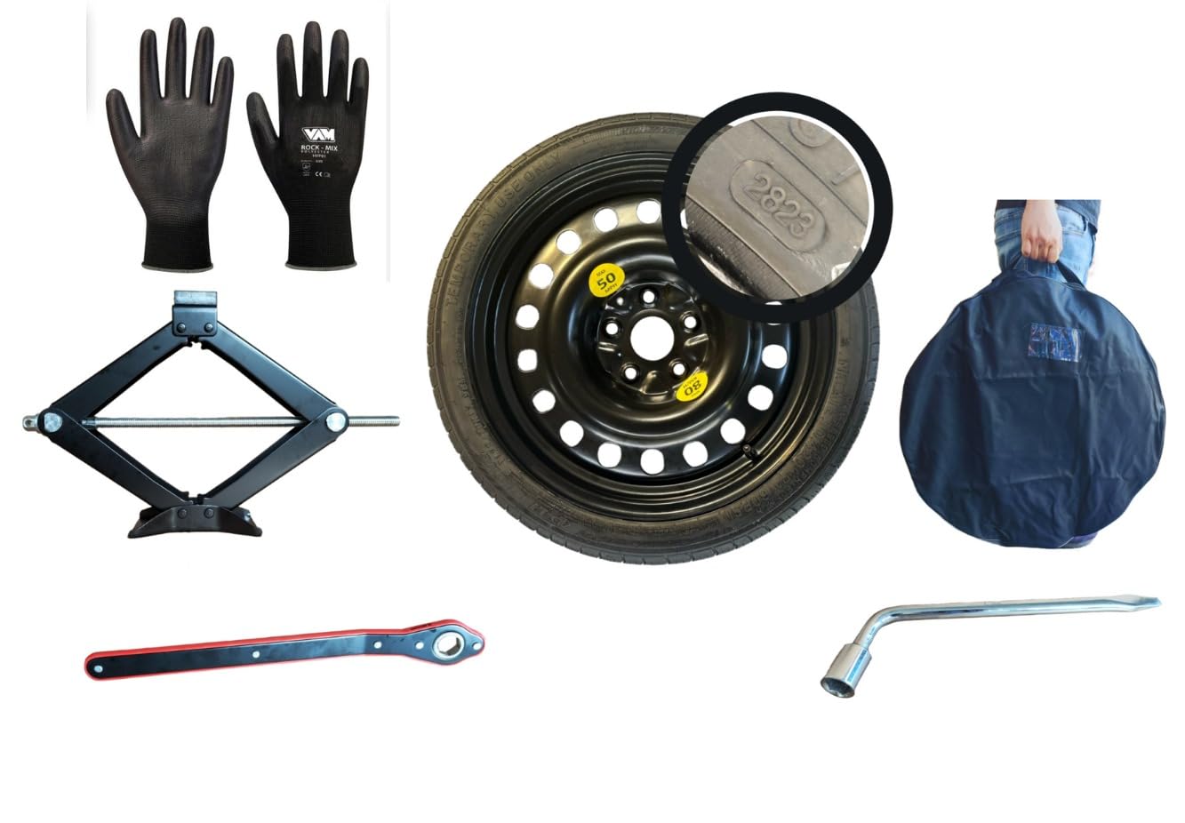 D'ANGELO 1988 Kit Ruotino di Scorta 19" compatibile con @udi a4 a5 a6 con Cric, Chiave e Sacca